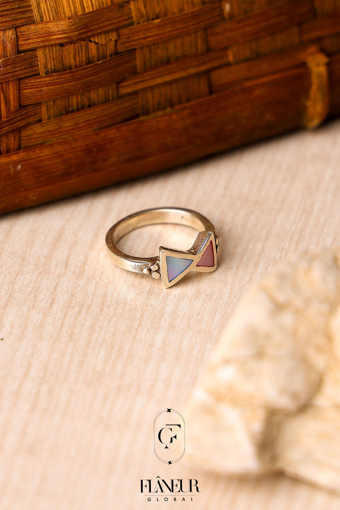 Sterling Silver Bow Tie Ring with Pink and Blue Enamel Inlay