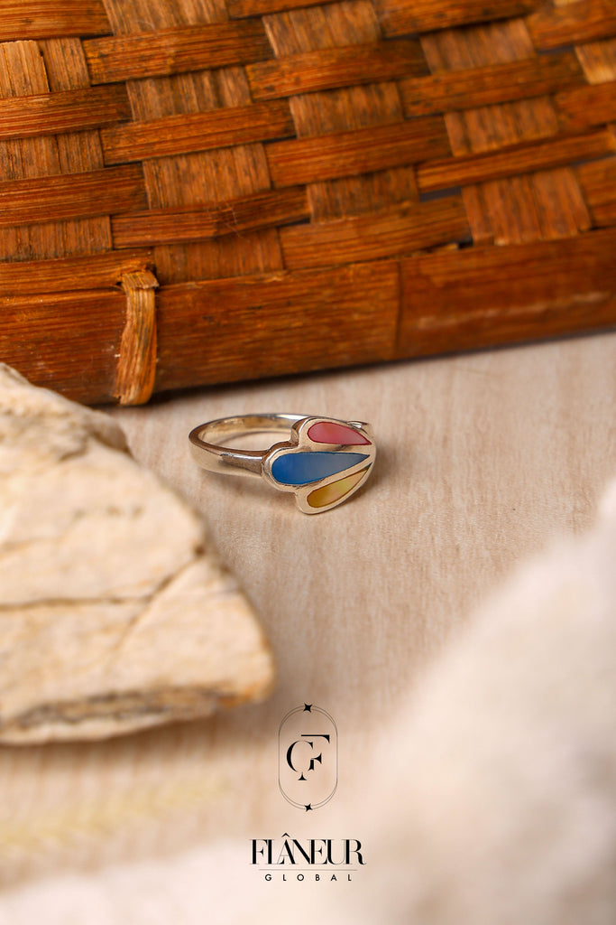 Silver Multicolor Teardrop Inlay Ring