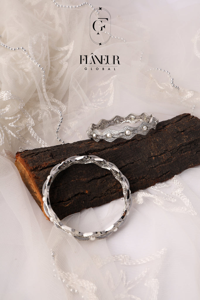 Silver Bangles with Pearls Clear Stones