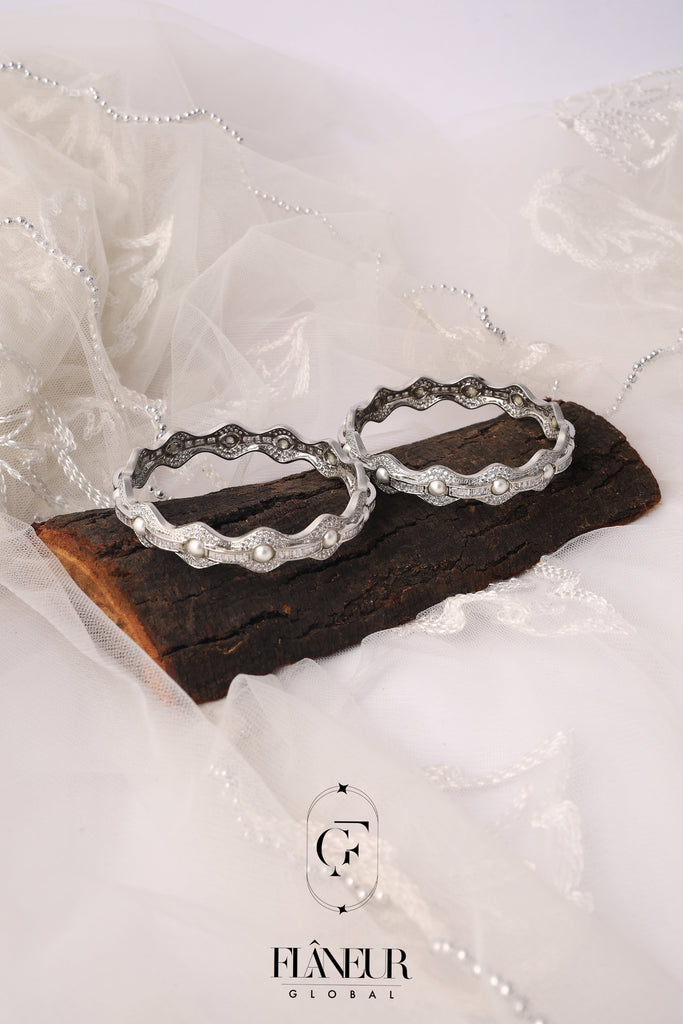 Silver Bangles with Pearls Clear Stones