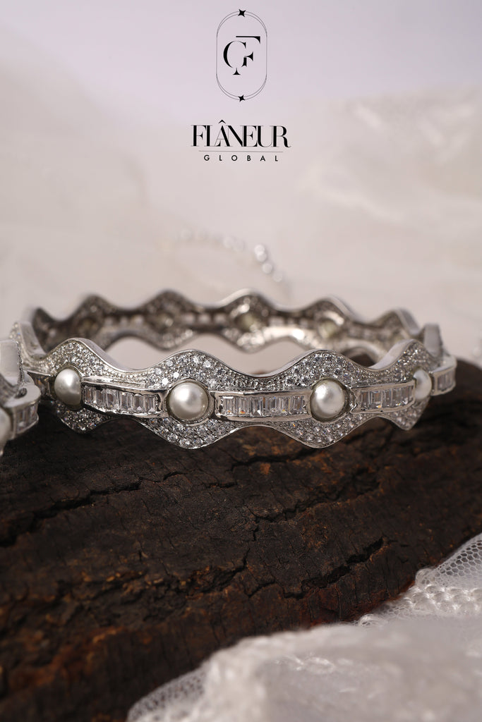 Silver Bangles with Pearls Clear Stones