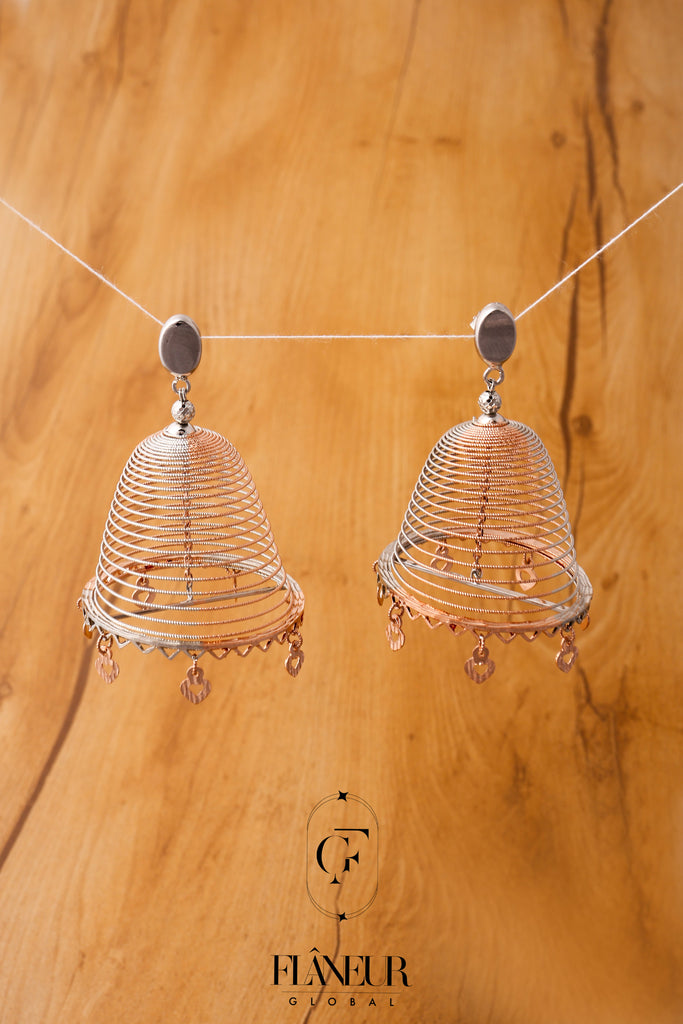 Rose Gold Spiral Bell Earrings with Heart Pendants