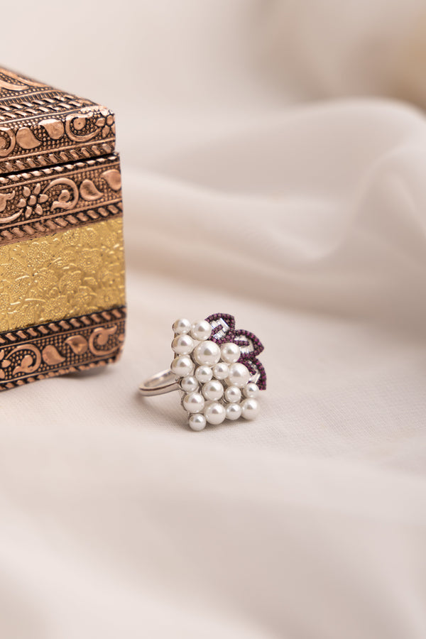 Ruby and Pearl Floral Cluster Ring