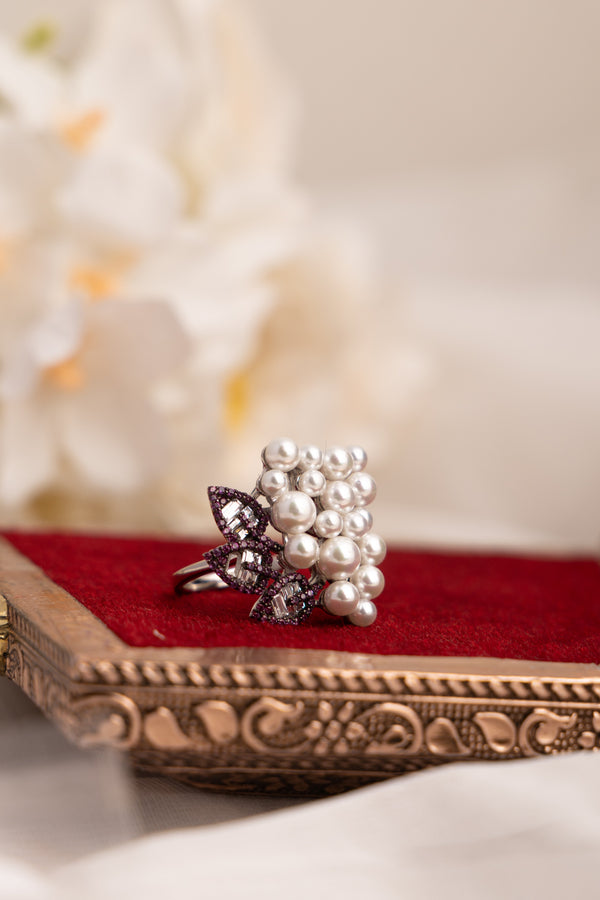 Ruby and Pearl Floral Cluster Ring