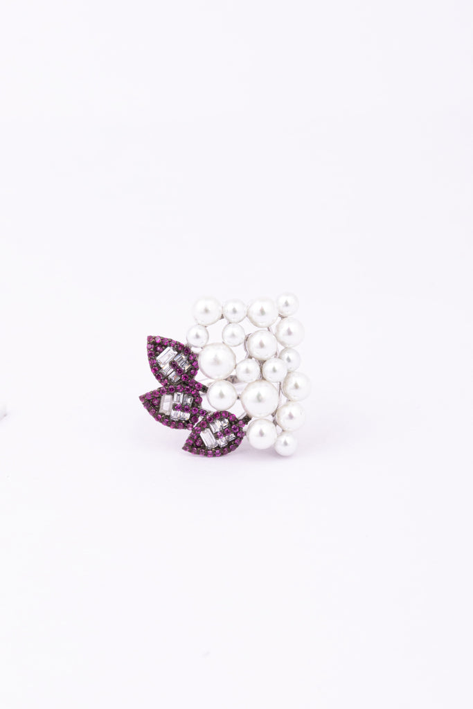Ruby and Pearl Floral Cluster Ring