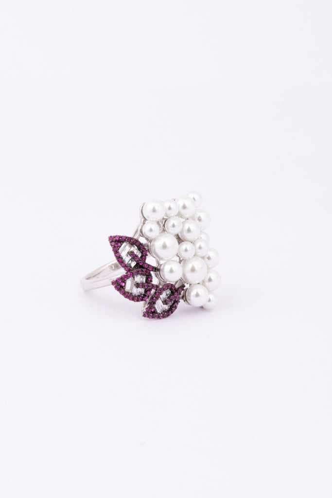 Ruby and Pearl Floral Cluster Ring