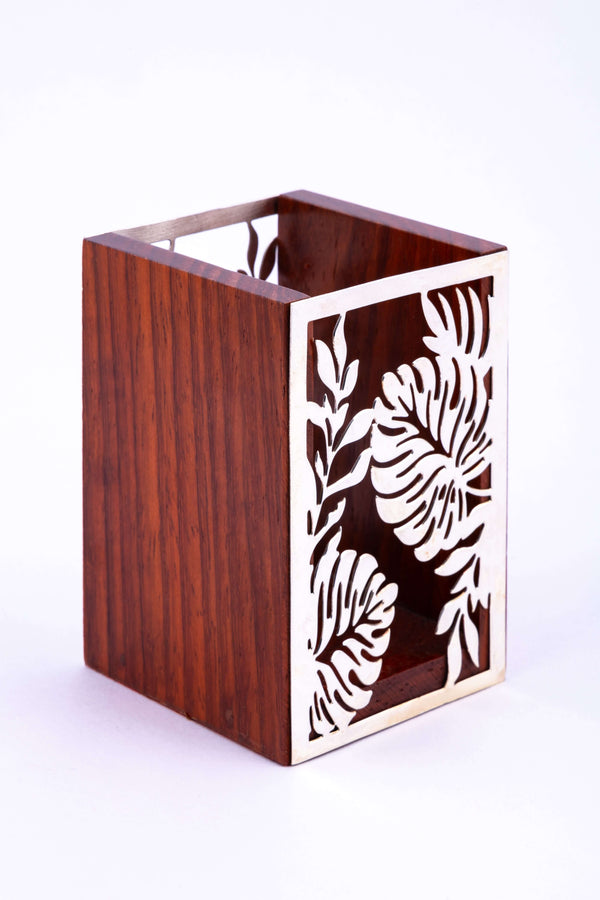 Elegant Wooden Pen Holder with Floral Metalwork