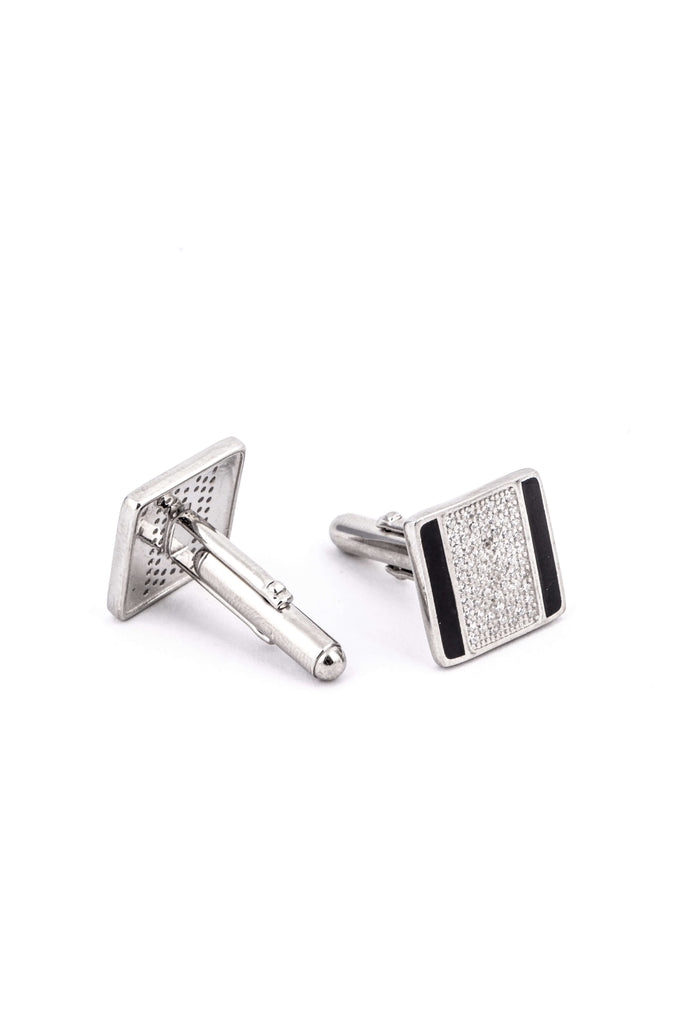 Silver Square Cufflinks with Black Enamel Sparkling Stones