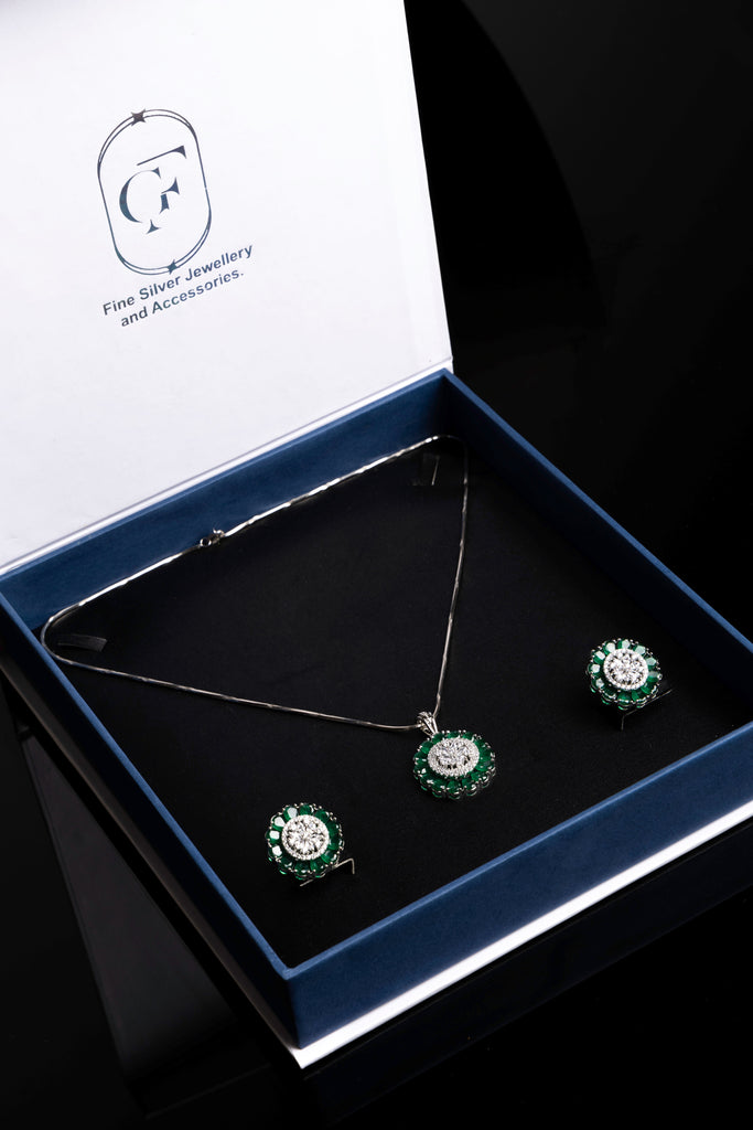 Emerald and Diamond Halo Jewelry Set