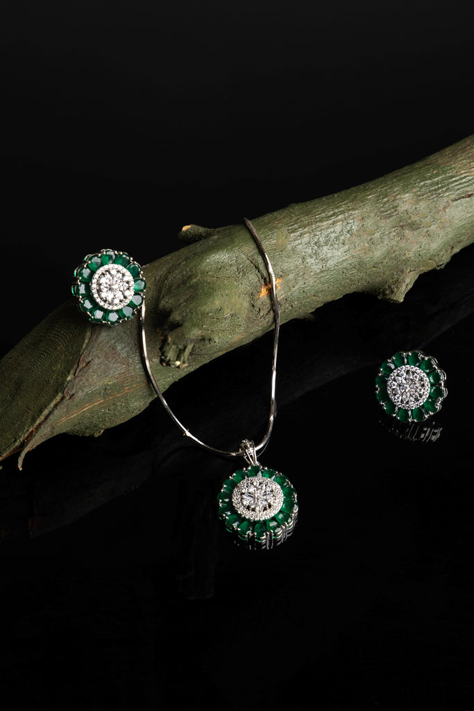 Emerald and Diamond Halo Jewelry Set