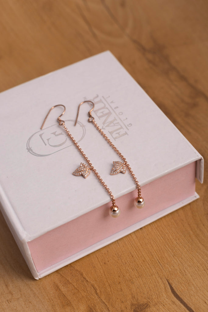 Rose Gold Crystal Leaf Pearl Earrings