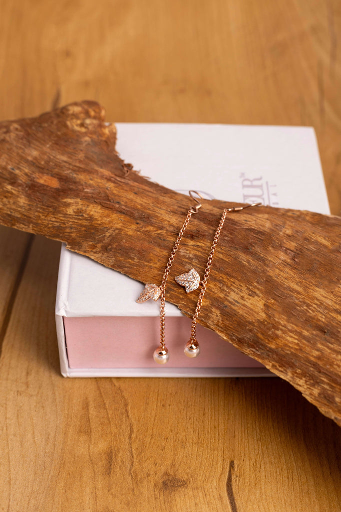 Rose Gold Crystal Leaf Pearl Earrings