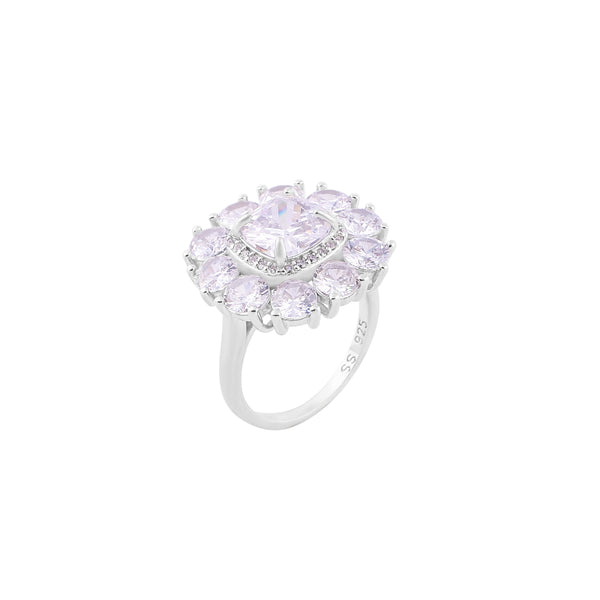 Radiant Cut CZ Floral Halo Silver Ring for her