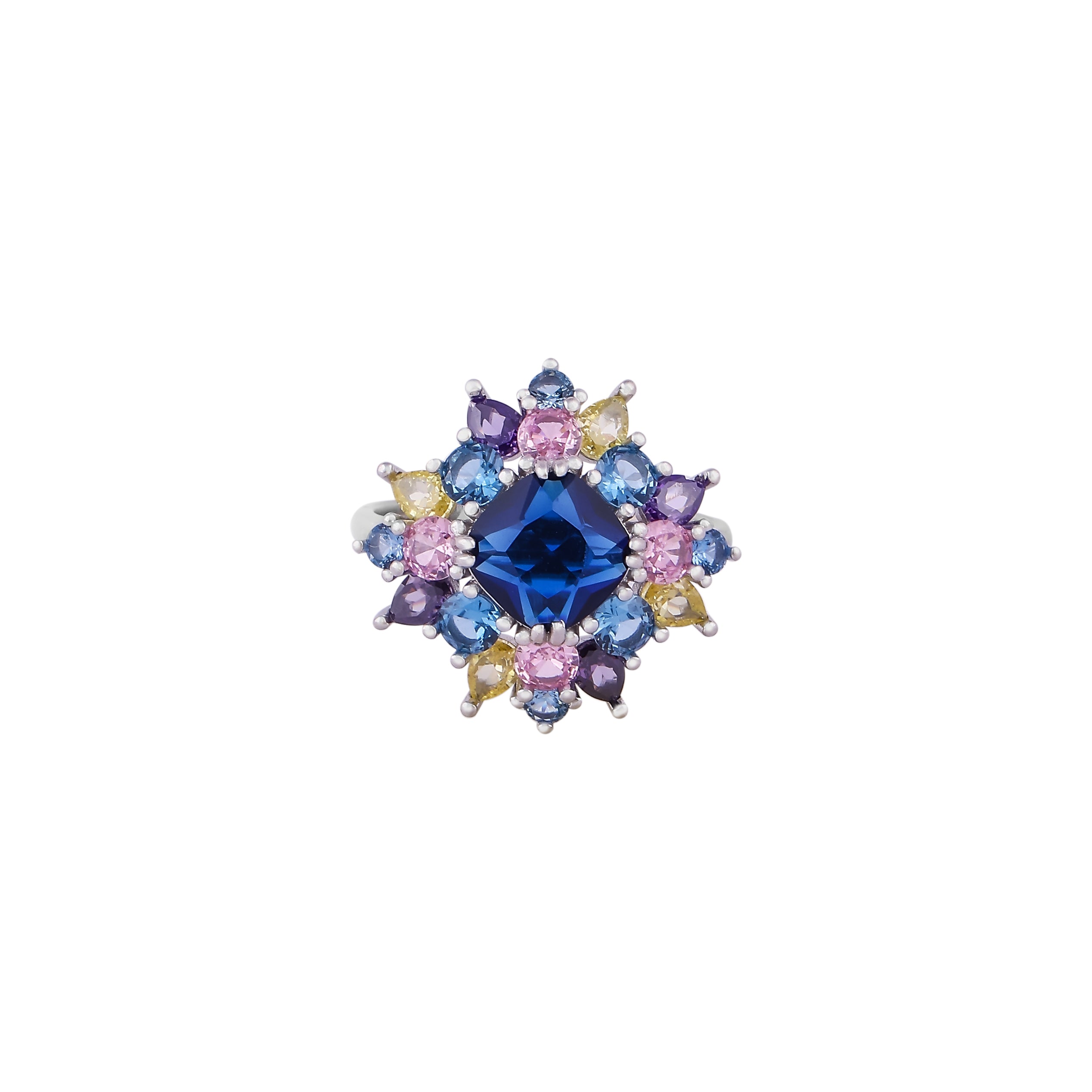 Square Blue CZ and Multi-Color Gemstone Silver Ring for her