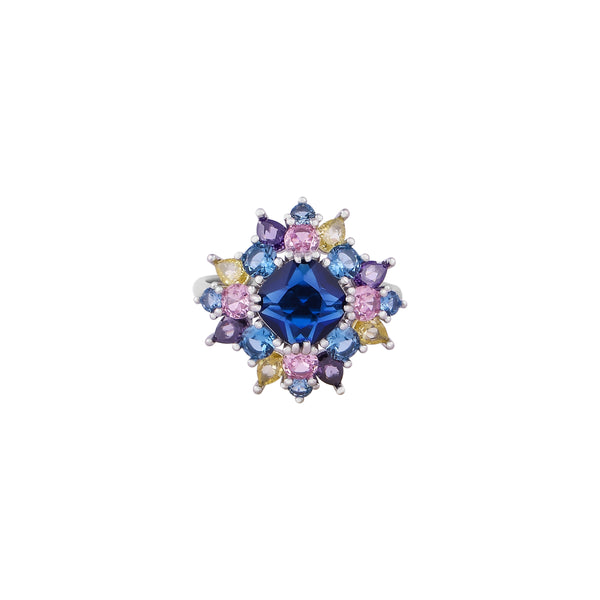 Square Blue CZ and Multi-Color Gemstone Silver Ring for her