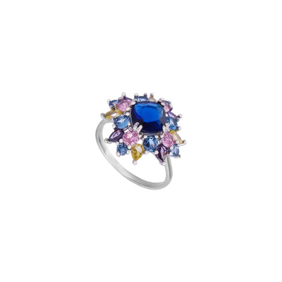 Square Blue CZ and Multi-Color Gemstone Silver Ring for her