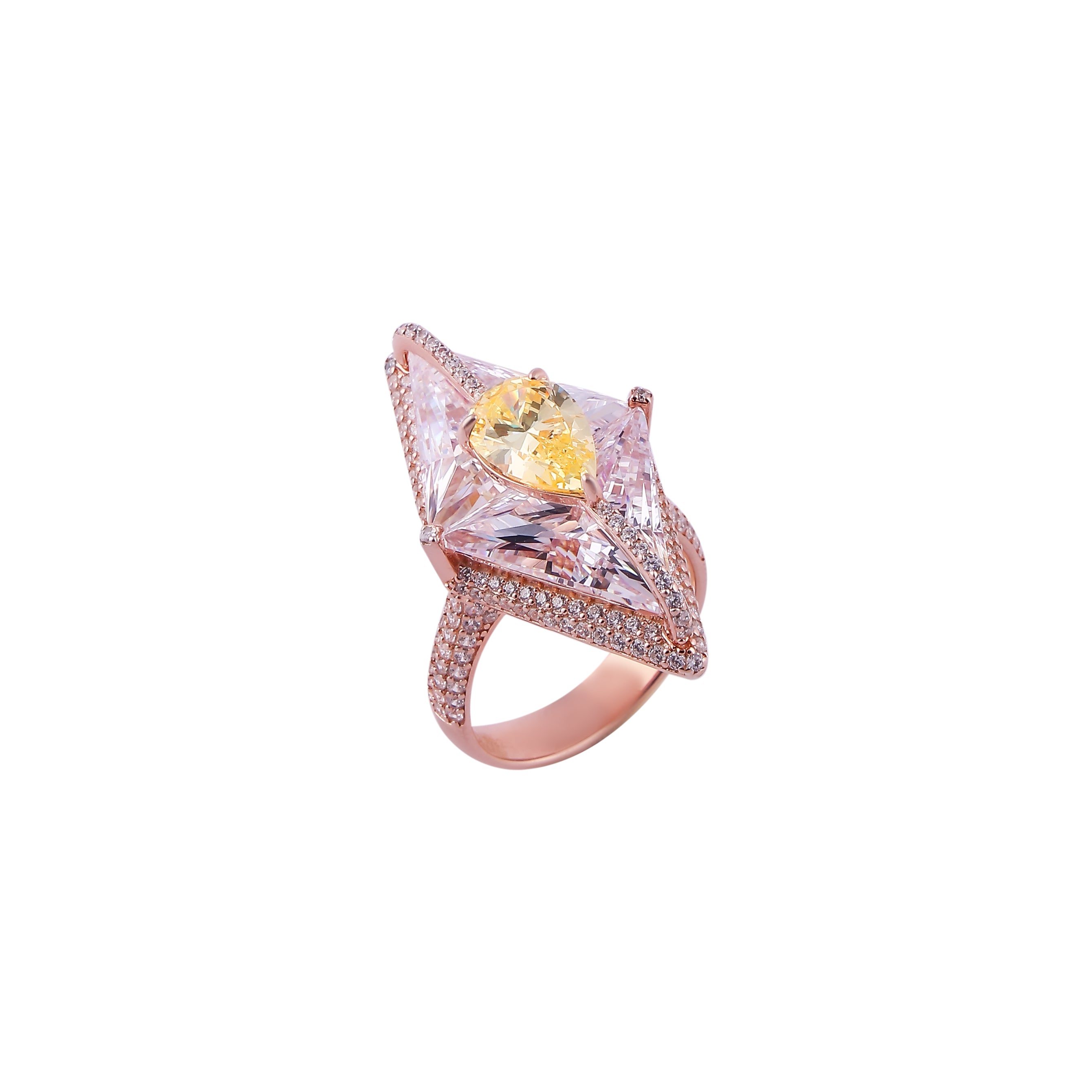 Kite-Shaped Yellow Gemstone and Pave Rose Gold Ring for her