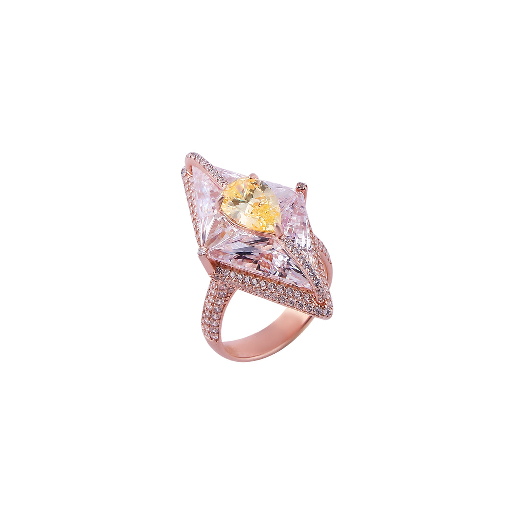 Kite-Shaped Yellow Gemstone and Pave Rose Gold Ring for her