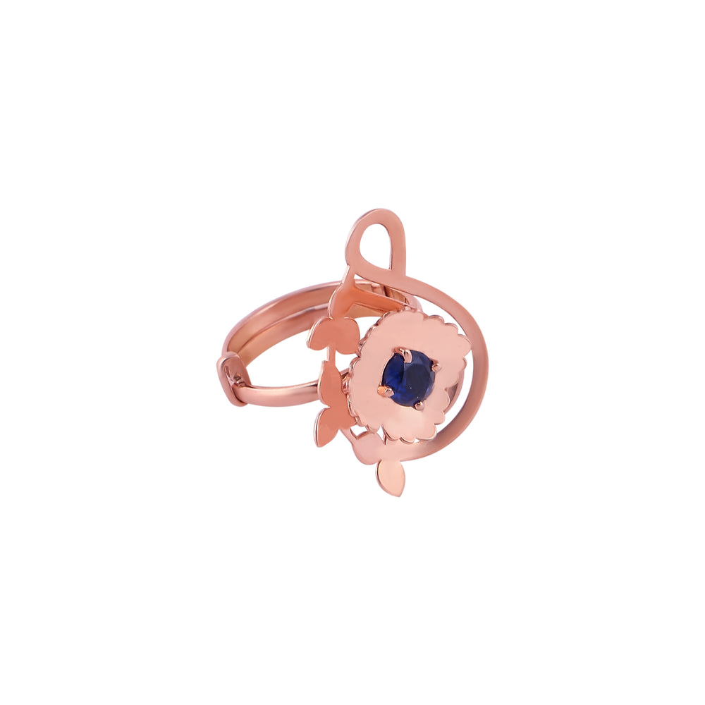 Floral and Openwork Rose Gold Ring with Blue Stone for her
