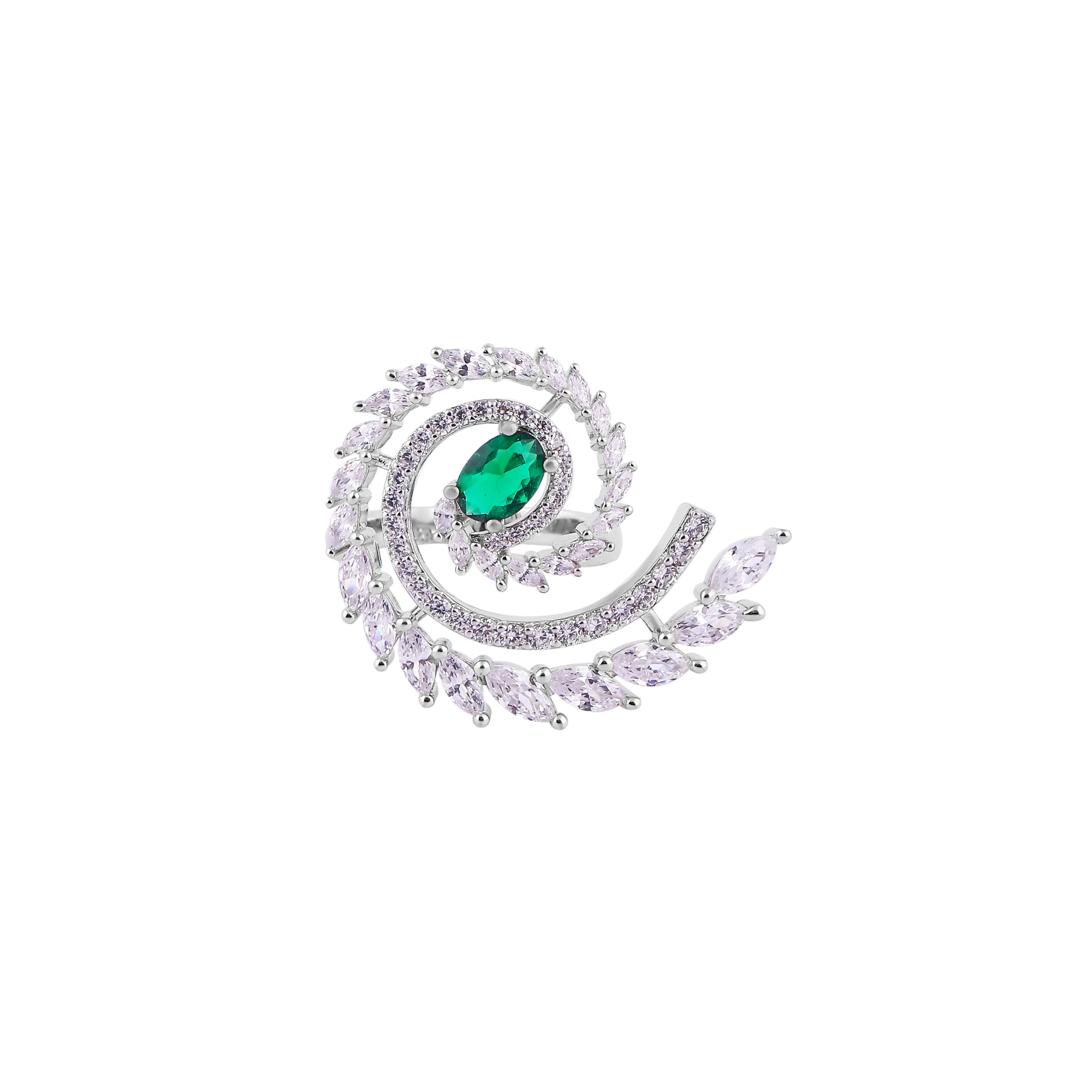 Swirling CZ and Green Stone Silver Cocktail Ring for her