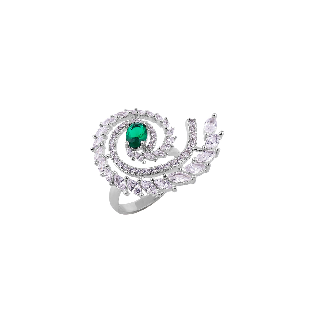 Swirling CZ and Green Stone Silver Cocktail Ring for her