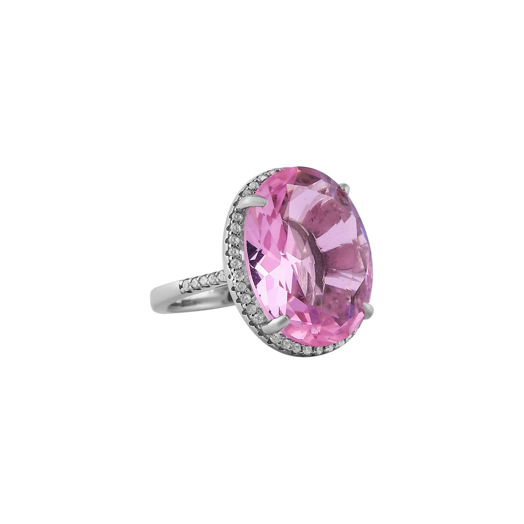 Oval Pink Gemstone CZ Halo Silver Ring for her