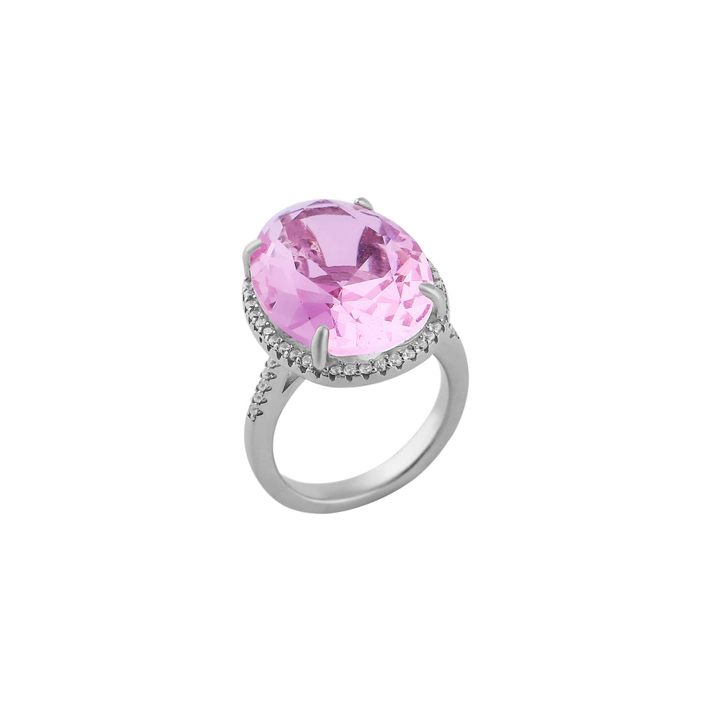 Oval Pink Gemstone CZ Halo Silver Ring for her