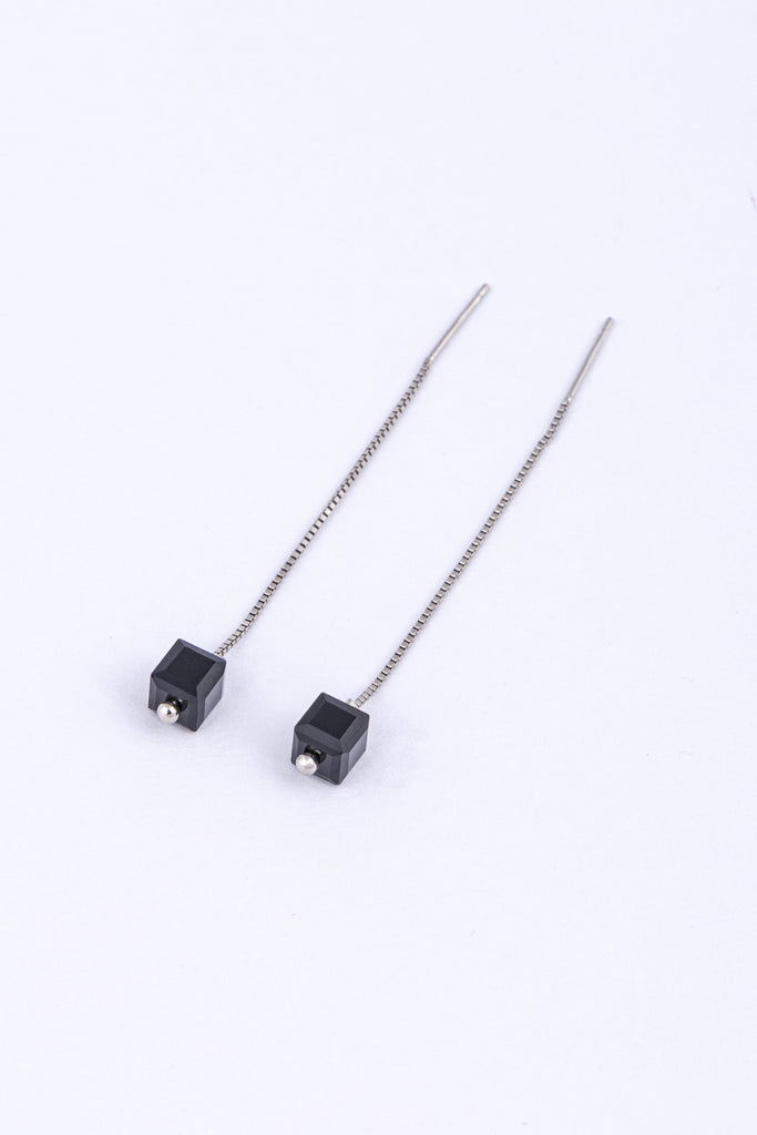 Minimalist Black Cube Bead Threader Earrings