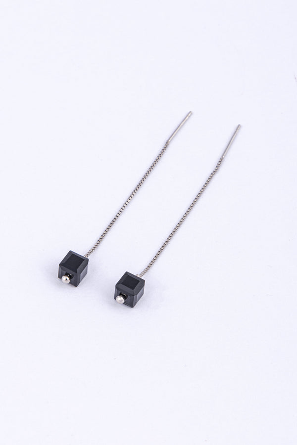 Minimalist Black Cube Bead Threader Earrings