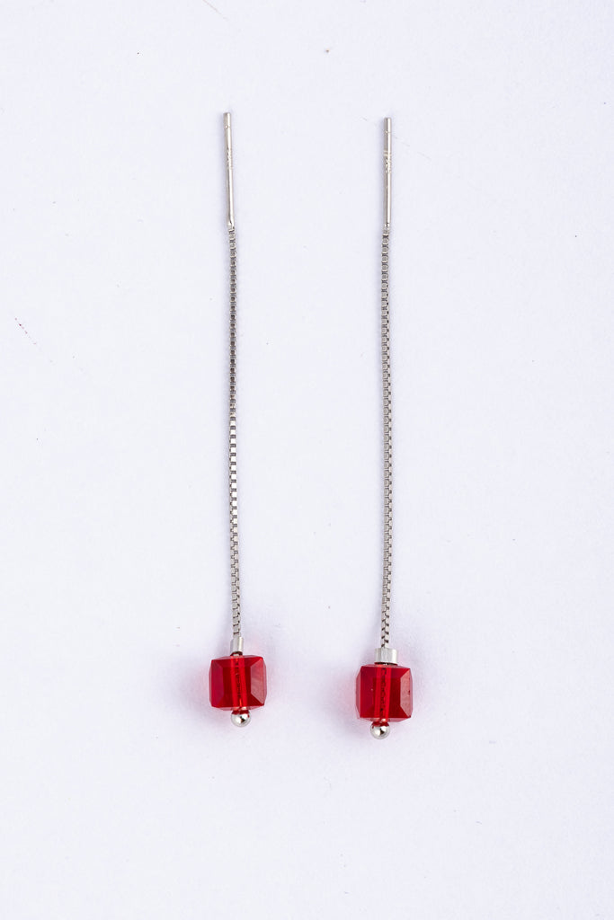 Red Faceted Bead Threader Earrings