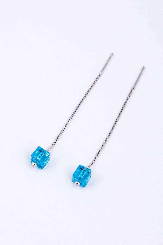 Blue Cubic Threader Earrings