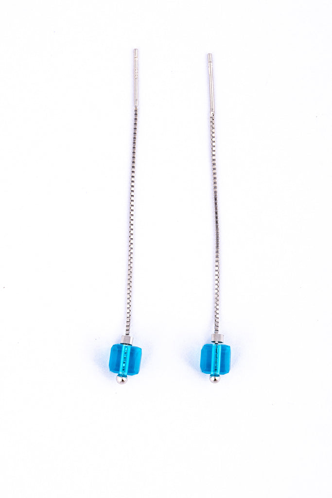 Blue Cubic Threader Earrings