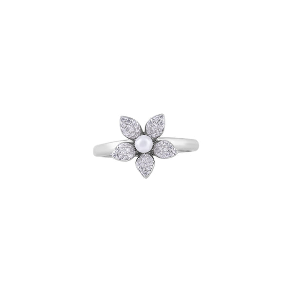 Pearl Center Pave Petal Silver Ring for her
