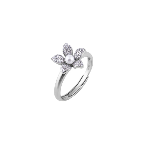 Pearl Center Pave Petal Silver Ring for her