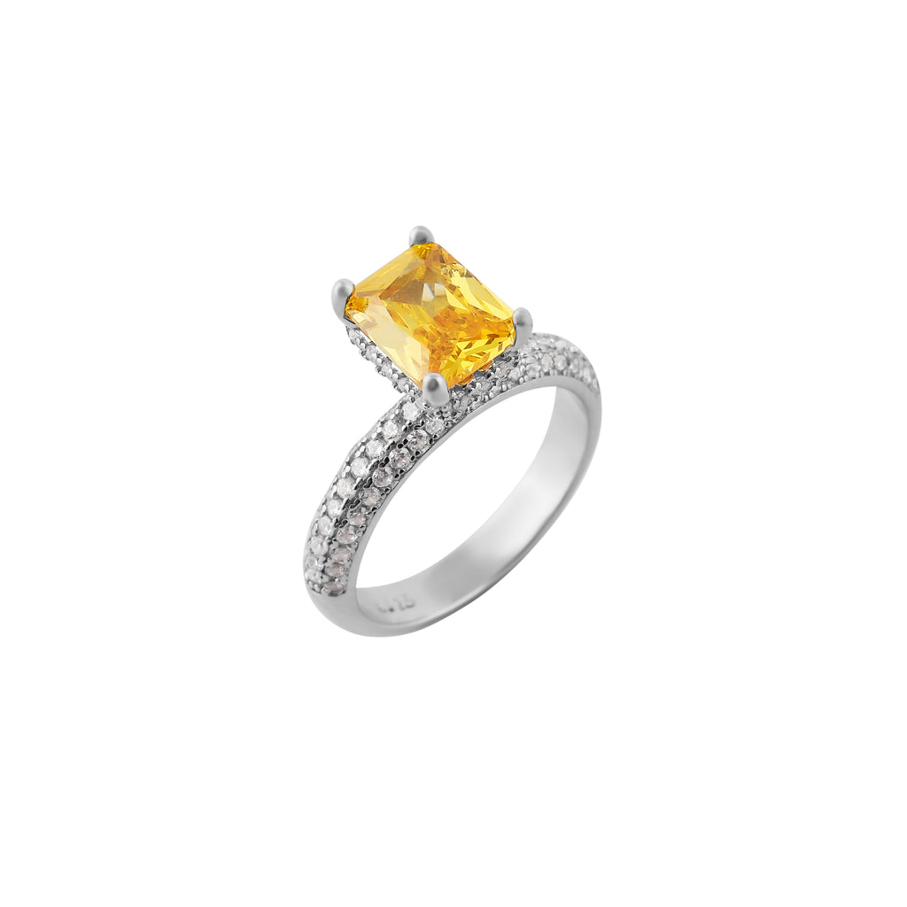 Rectangular Yellow Cz Pave Silver Ring for her Nav