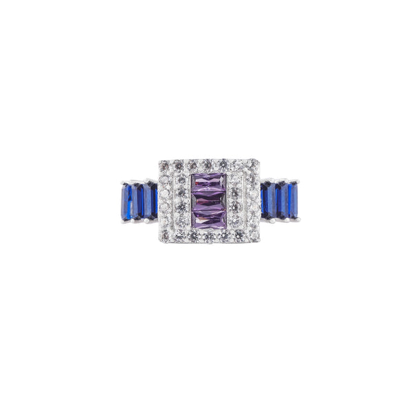 Rectangular Gemstone and Baguette Accent Silver Ring for her
