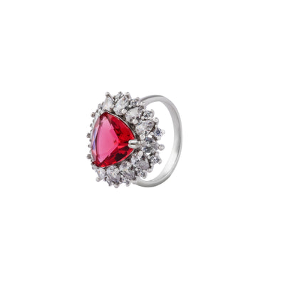 Trillion Cut Ruby and CZ Halo Silver Ring for her