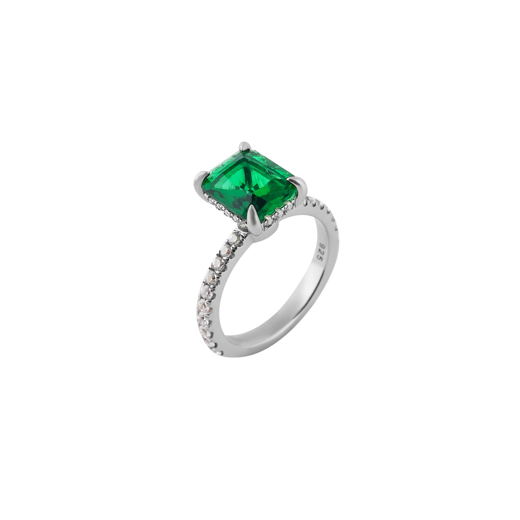 Emerald Cut Green Gemstone Pave Silver Ring for her
