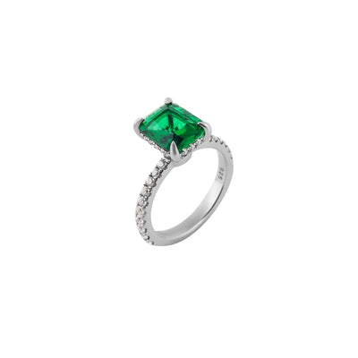 Emerald Cut Green Gemstone Pave Silver Ring for her