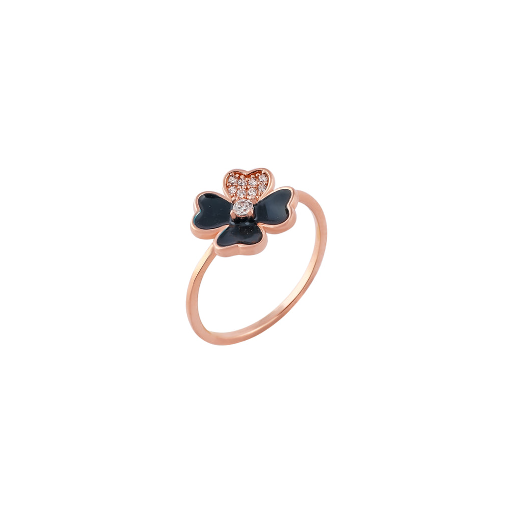 Four Leaf Black Enamel Rose Gold Ring for her