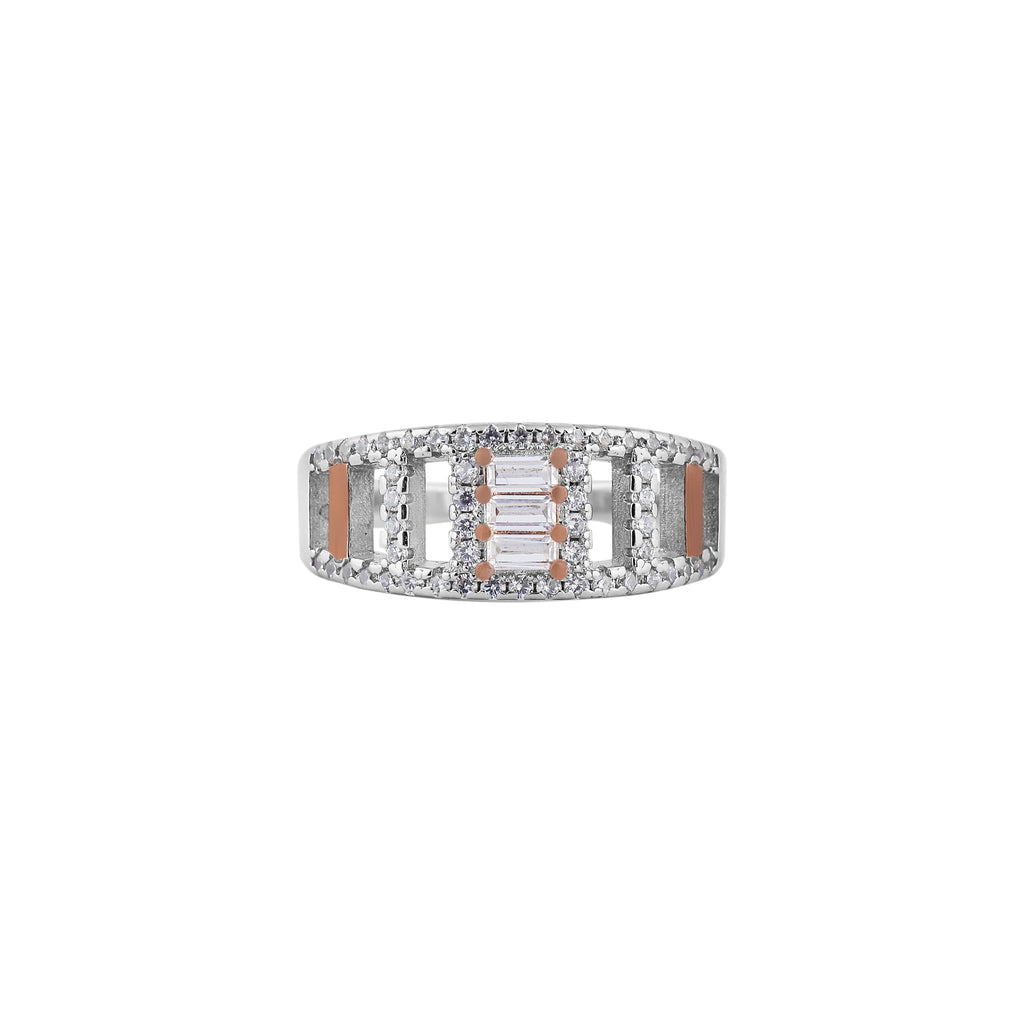 Geometric Openwork Baguette CZ Silver Ring for her Nav