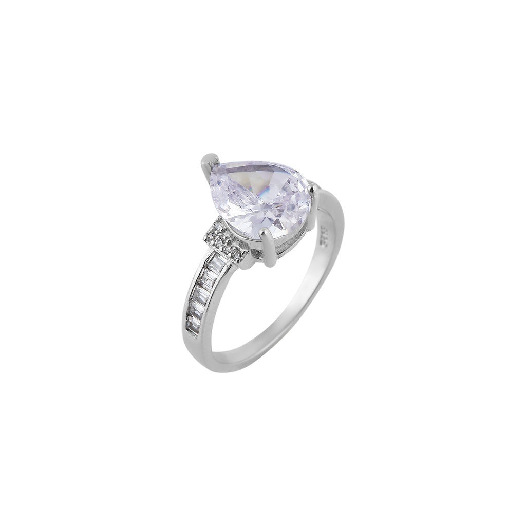 Pear CZ and Baguette Accent Silver Ring for her