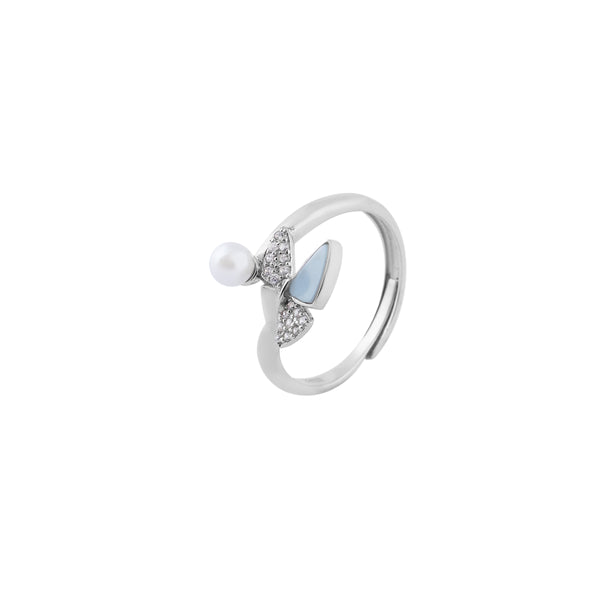 Mother of Pearl, Pave, and Pearl Silver Open Ring for her