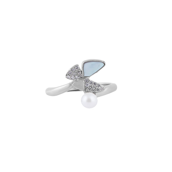 Mother of Pearl, Pave, and Pearl Silver Open Ring for her