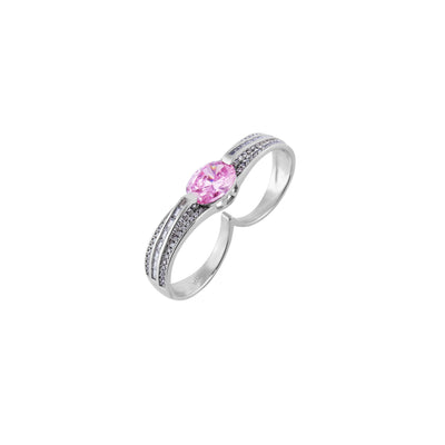 Oval Pink Gemstone Double Finger Silver Ring for her