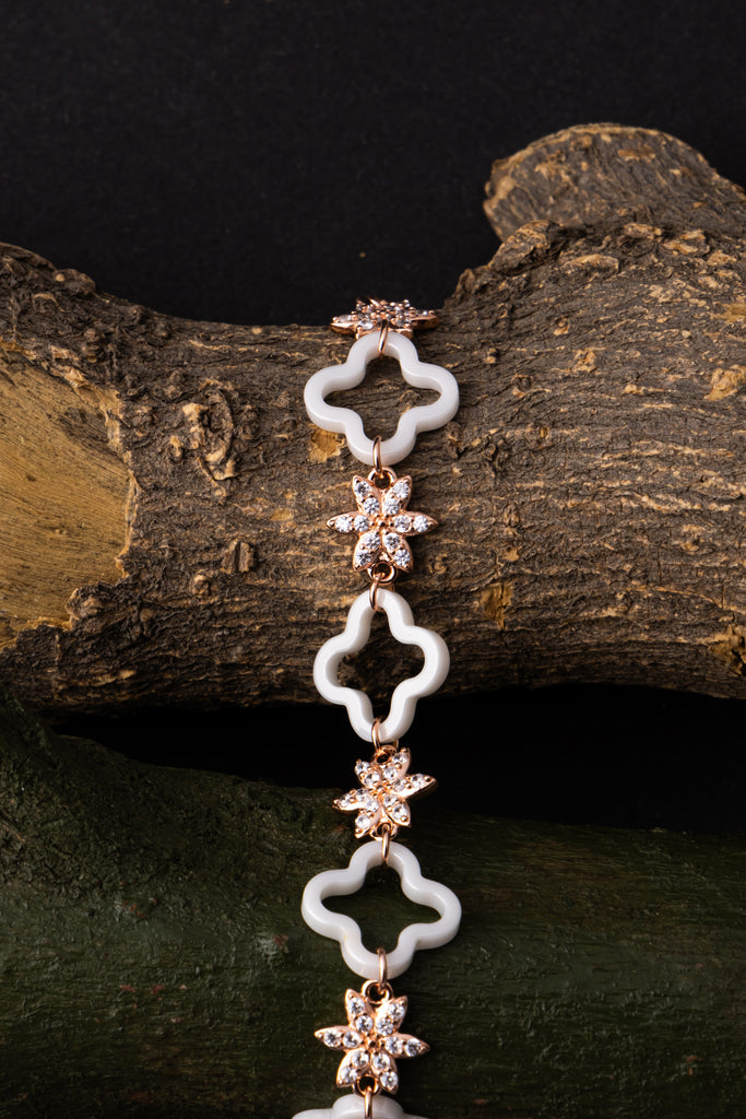 Rose Gold and White Enamel Floral Bracelet
