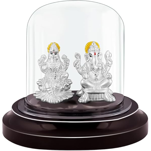 Silver-Plated Lakshmi Ganesh Idol Under Glass Dome – Elegant Spiritual Décor