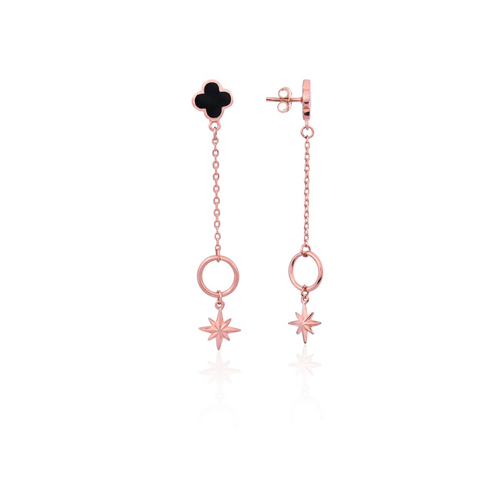 Silver Black Clover Star Drop Earring for Her