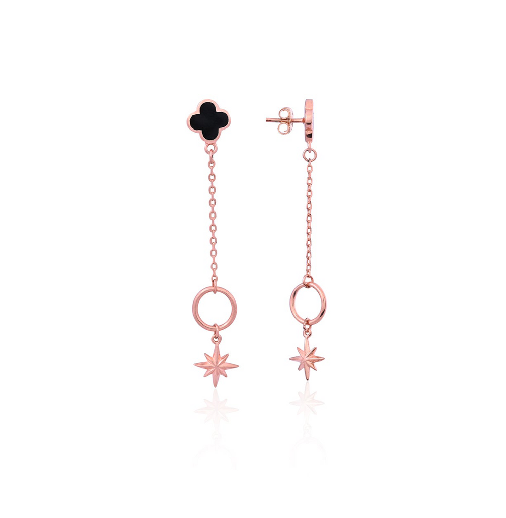 Silver Black Clover Star Drop Earring for Her
