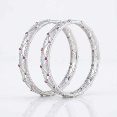 Geometric  Modern Art Deco CZ Bangle with Ruby Red Stone Accents